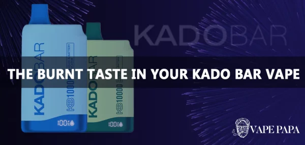What are the common causes of a burnt taste in the Kado Bar KB10000 vape, and how can you fix it?